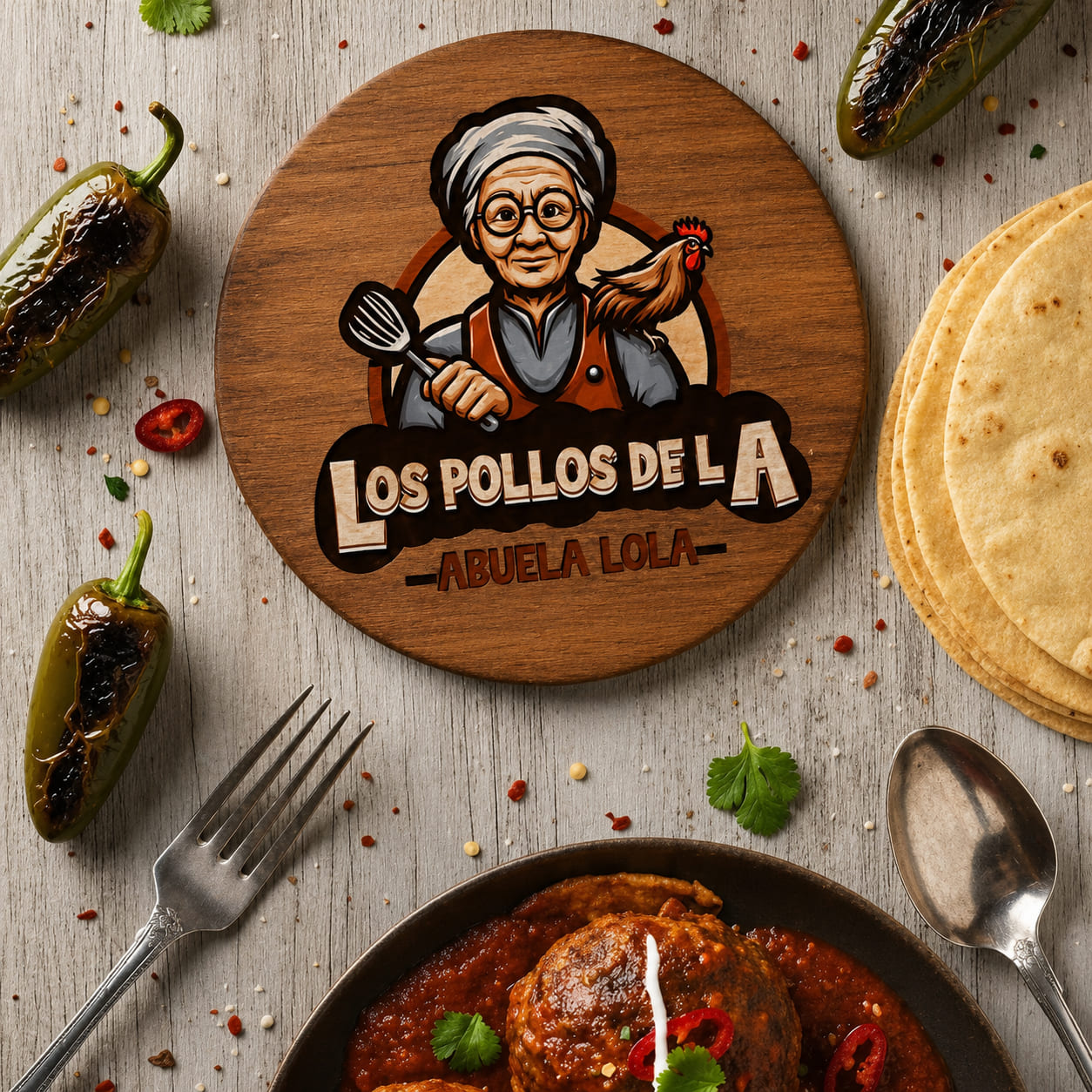Menú del día de Los Pollos de la Abuela Lola, presentado en mesa rústica con chiles toreados y tortilla