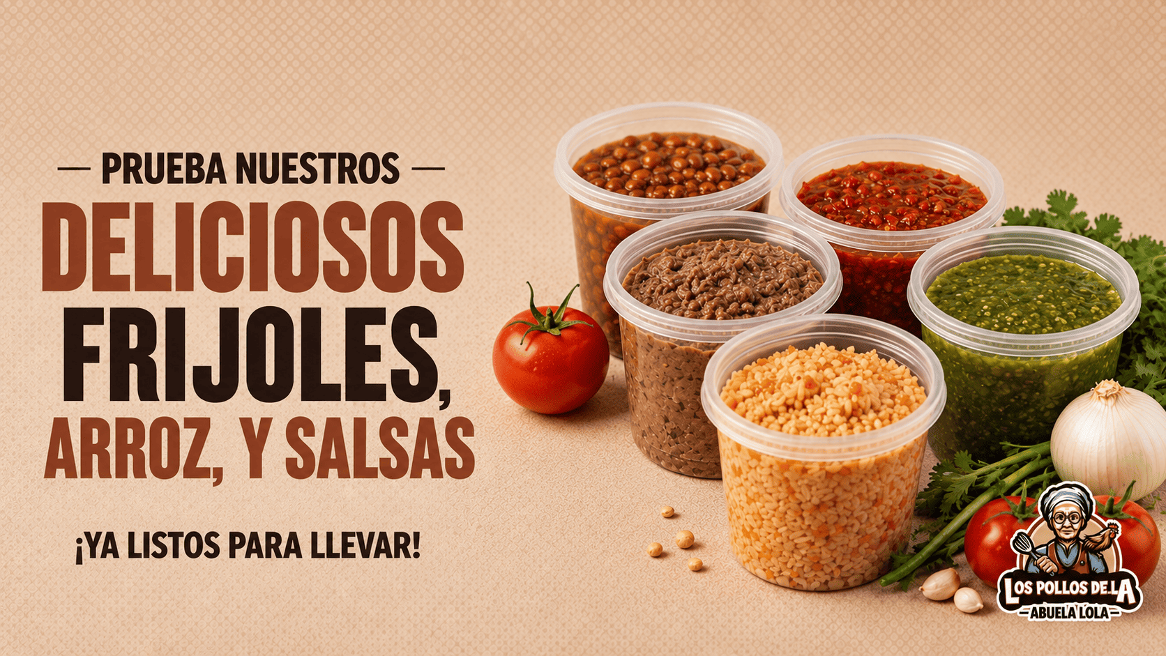 Contenedores de guarniciones caseras: arroz, frijoles, frijoles refritos y salsas roja y verde